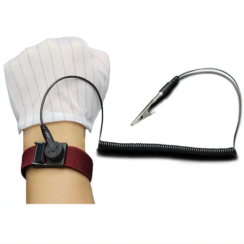 Person wearing ESD Safe Anti Static Wrist Strap With Grounding Wire Adjustable Coiled Cord for electronics assembly