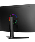 Rear view of Massive 32 Inch Curved Qhd Gaming Monitor showing sleek design and colorful RGB lighting.