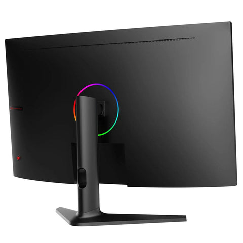Rear view of Massive 32 Inch Curved Qhd Gaming Monitor showing sleek design and colorful RGB lighting.