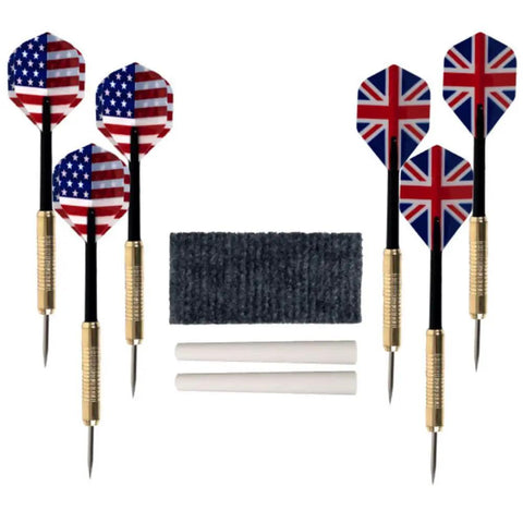 Official Sized Dart Board Cabinet Set With 18 Inch Dart Board, 6 steel tip darts with USA and UK flags, and chalkboard scoring