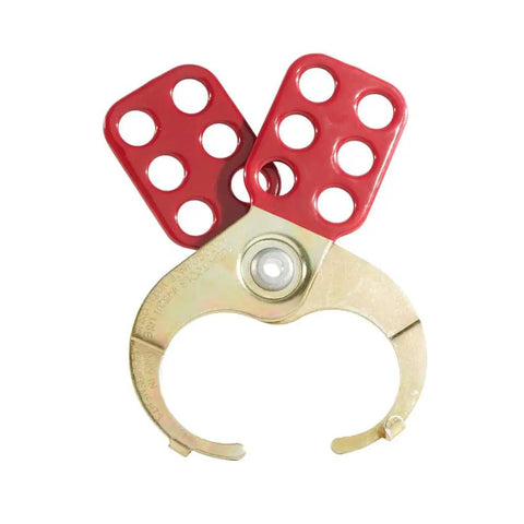 Lockout Hasps With Interlocking Tabs Tempered Steel 1 Inch Diameter Six Hole Locking Bodies Red Vinyl Coated Bright Zinc Plated Riveted Construction For Disconnects Switches And Panel Boxes.