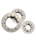 Three 304 stainless steel circular mounting flanges with 75mm bolt-circle holes for a 360-degree rotating hinge.