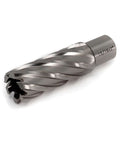 Side view of Oscarbide annular cutter, 15/16x2 in, silver with spiral flutes and Weldon shank