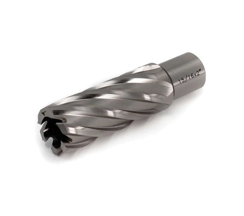 Side view of Oscarbide annular cutter, 15/16x2 in, silver with spiral flutes and Weldon shank