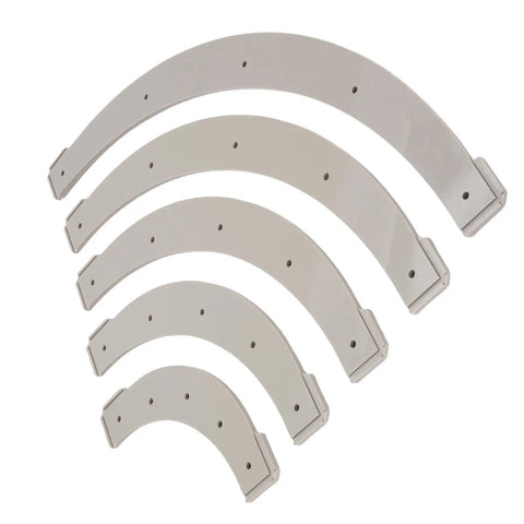 Hella Spot On Corner Radius Templates And Woodworking Router Jig Set For Smooth Inside Outside Cabinet Table Routing Aids In Plastic With Five Top Shelf Sizes R100 Through R300 Complete Arc Shaping Guide Kit, five curved plastic templates.