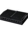 Intel Core i3-10110U Mini PC With Dual 10G SFP Plus And Six 2.5GBE LAN Ports, black mini chassis with heat sinks.
