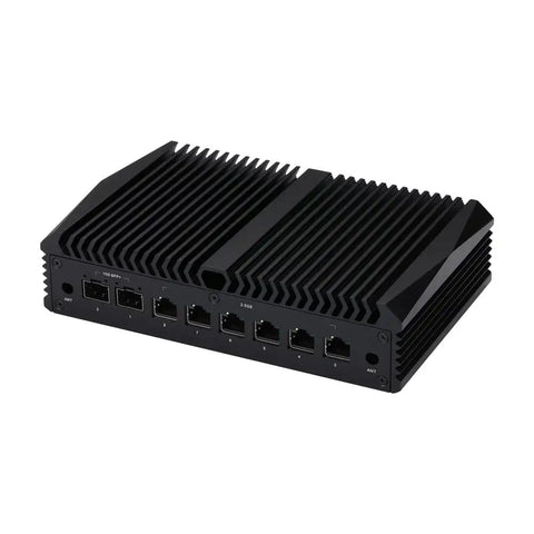 Intel Core i3-10110U Mini PC With Dual 10G SFP Plus And Six 2.5GBE LAN Ports, black mini chassis with heat sinks.
