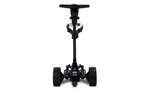Zip Navigator All Terrain Electric Golf Cart With No Sweat Zip Fold Frame remote throttle view from front showcasing wheels in gloss black.