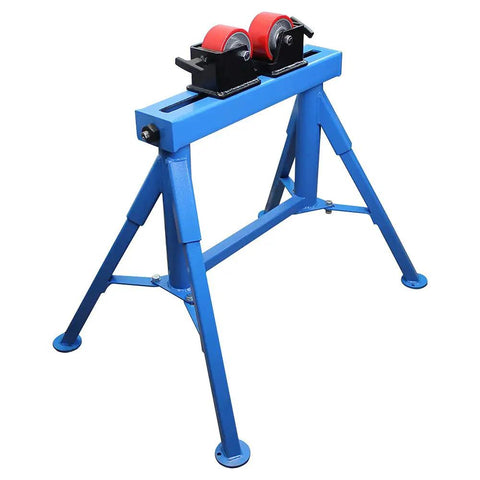 Heavy Duty Pipe Roller Welding Positioner Workstand Handles Up To 1100 Lb Steel Tubing Half To Thirty Six Inches 31 Inches Tall Blue stand with rollers.
