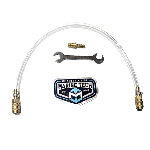 Bleed Tube For Seastar Hydraulic Steering System kit with clear hoses, wrench, fitting, and logo displayed on white background.