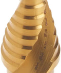 Impact Ready Titanium Nitride Step Drill Bit 3/16 To 7/8 Inch With 2 Flute Spiral Split Point For Fast Start Laser Engraved Size Markings Longer Life And Easy Chip Removal Optimized For Impact Drivers DWA1786IR close-up