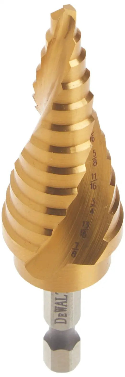 Impact Ready Titanium Nitride Step Drill Bit 3/16 To 7/8 Inch With 2 Flute Spiral Split Point For Fast Start Laser Engraved Size Markings Longer Life And Easy Chip Removal Optimized For Impact Drivers DWA1786IR close-up