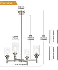 Four Light Modern Chandelier With Slick Brushed Nickel Finish Pendant Lighting With Clear Glass Shades dimensions chart