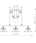 Diagram of Three Light Pulley Pendant Island Light With Industrial Vintage Rustic Vibe, dimensions 34.25x13.78 in, adjustable height.