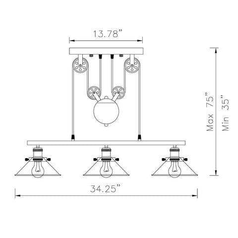 Diagram of Three Light Pulley Pendant Island Light With Industrial Vintage Rustic Vibe, dimensions 34.25x13.78 in, adjustable height.