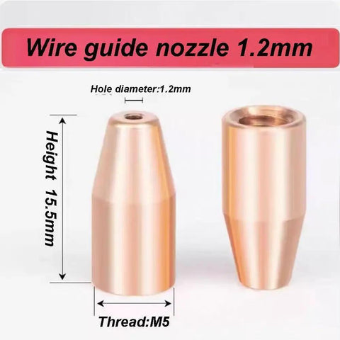 Pro Grade Copper Tip Attachment For Portable Laser Welding Gun Wire Guide Nozzle Set 1.2mm 10 Pack displayed in size and dimensions