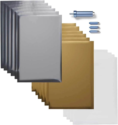 Cricut Foil Transfer Kit with 12 foil sheets in silver/gray and gold and blue interchangeable-tip tool set with housing and adhesive tape