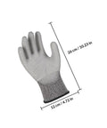 Heavy Duty Cut Resistant Work Gloves Featuring Level 5 Soft Armor And Grippy Reinforced Palms For Shop Yard Or Garage Tasks Built Tough With Breathable All Day Comfort, shown in grey with dimensions.