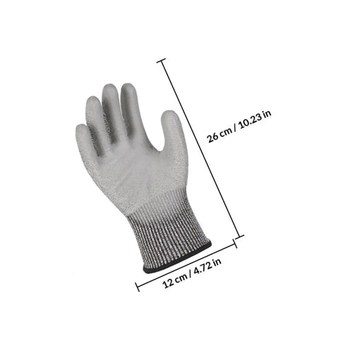 Heavy Duty Cut Resistant Work Gloves Featuring Level 5 Soft Armor And Grippy Reinforced Palms For Shop Yard Or Garage Tasks Built Tough With Breathable All Day Comfort, shown in grey with dimensions.