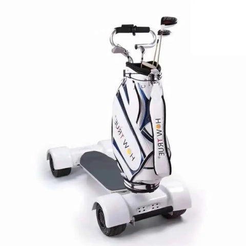 Electric Four Wheel Folding Golf Cart Skateboard Trolley Boasting Easy Peasy Portability And Smooth Twenty Kilometer Hour Cruising for Golf Bags.