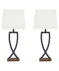 Metal Minimalist Table Lamp Set With Black And Brown Finish, Two Lamps, Rectangular Hardback Shade, 3 Way Switch, Modern Home Office Bedroom Decor That Complements Any Space; black metal and brown wood base with white shades