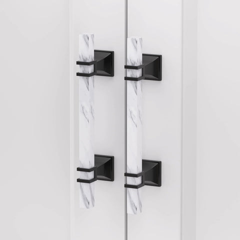 Front view of Marble Drawer Pulls and Knobs 10 Pack White Marble and Black 5 Inch Hole Center T Bar Hardware on cabinet doors