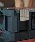Close-up of a Six Tray Tool Box Organizer With Transparent Cover And Stackable Design, Detachable, Side Card Locks in workshop use