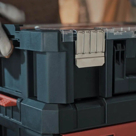 Close-up of a Six Tray Tool Box Organizer With Transparent Cover And Stackable Design, Detachable, Side Card Locks in workshop use