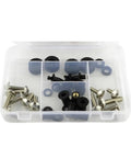 Motorcycle Bolt Kit Set With Nuts Bolts Washers And Screws In Silver Finish Countersunk And Hex Bolts Set Screws Heavy Duty Hardware For Sport Bikes Ready To Go No Fuss Compatible With 2003 2004 2005 2006 Z1000 And Similar Models in clear plastic organizer, silver bolts and black washers visible