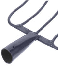 Close-up of the five-point tines on a Handheld Manure Fork For Easy Lawn Care And Rural Grass Clearing, dark blue metal finish.