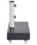 Black Granite Umbrella Base For Outdoor Patio, Sturdy Parasol Stand 45x25x8 Cm with wheels for easy mobility, front view.