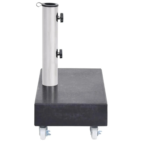Black Granite Umbrella Base For Outdoor Patio, Sturdy Parasol Stand 45x25x8 Cm with wheels for easy mobility, front view.