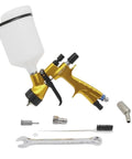 Badass Gold Auto Spray Gun With Heavy Duty 360 Degree Swivel Air Hose Connector And Precision 1.3 Nozzle, complete tool kit displayed.