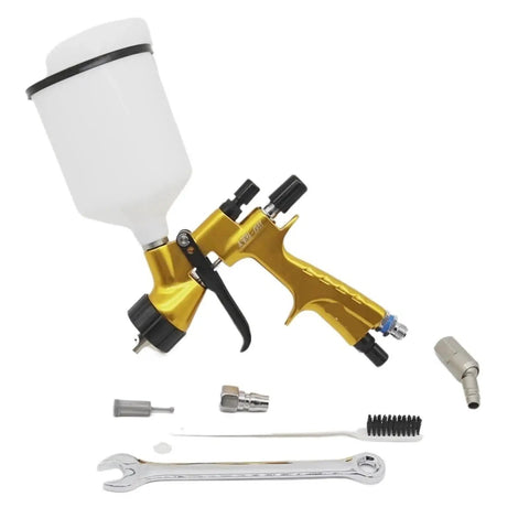 Badass Gold Auto Spray Gun With Heavy Duty 360 Degree Swivel Air Hose Connector And Precision 1.3 Nozzle, complete tool kit displayed.