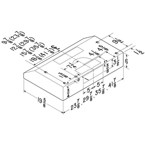 Technical drawing of Glacier 36 Inch Under-Cabinet Convertible Range Hood With 4 Way Venting, illustrating dimensions and specifications.