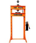 Badass 30 Ton Air Hydraulic Shop Press With Gauge And Air Pump in orange, designed for automotive repair and metalworking tasks.