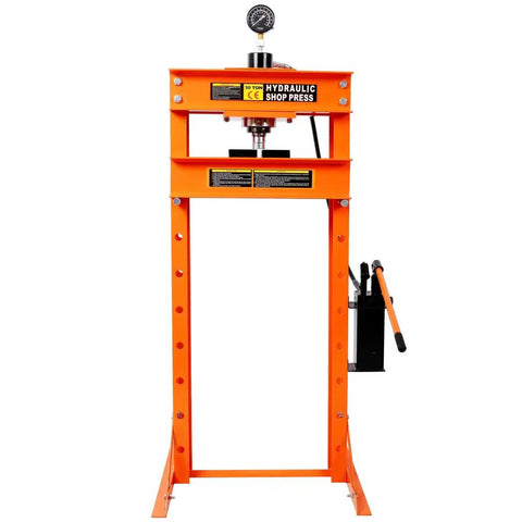 Badass 30 Ton Air Hydraulic Shop Press With Gauge And Air Pump in orange, designed for automotive repair and metalworking tasks.