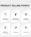 Product selling points: Automatic error correction, temperature monitoring, automatic reconnection, safe charging, waterproof, touchscreen.