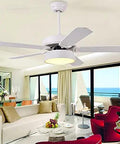 Modern Ceiling Fan With Led Light Kit And NoFuss Remote Control Bringing Smooth Airflow And Three QuickToggle Light Modes Perfect For Bedroom Living Space Or Kitchen Decor With Solid Wood Blades in white, installed in a bright living room.