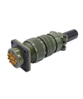 MIL-C circular connector plug with flange mount, olive-green housing, gold pins, cable attached.