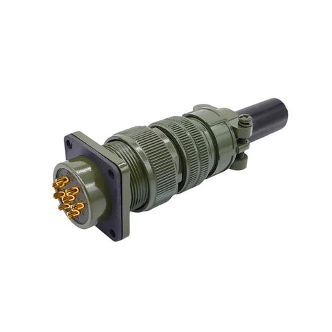 MIL-C circular connector plug with flange mount, olive-green housing, gold pins, cable attached.