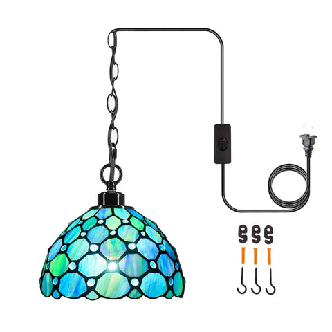 Sea Blue Pearl Tiffany Style Pendant Light Plug In Stained Glass Swag Lamp 8x8x181 Inch Hanging Lamp With 180 Inch Cord UL Listed Bulbs Not Included Perfect For Dining Room And Living Room