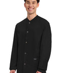 Man wearing Mens Scrub Jacket With Snap Front And Three Pockets Knit Cuffs Fade Resistant Two Way Stretch Fabric Cell Pocket Black