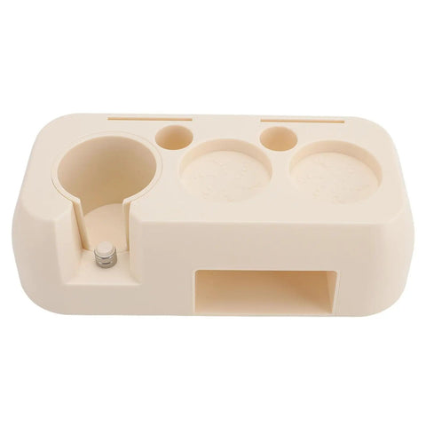 Heavy Duty Abs Coffee Tamper Station Built Tough For The Daily Grind Ergonomic Portafilter Holder And Tamping Stand in beige color.