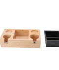 Premium Wood Espresso Tamper Holder Stand With Knock Box Built Damn Tough For Smoother Tamping, wooden stand with black knock box.
