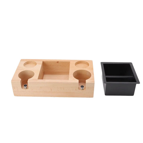 Premium Wood Espresso Tamper Holder Stand With Knock Box Built Damn Tough For Smoother Tamping, wooden stand with black knock box.