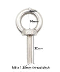 Stainless Steel M8 Ring Eye Bolts Set 32mm Threaded Length, 20mm Ring Inner Diameter, 8mm Ring Thickness, labeled dimensions visible