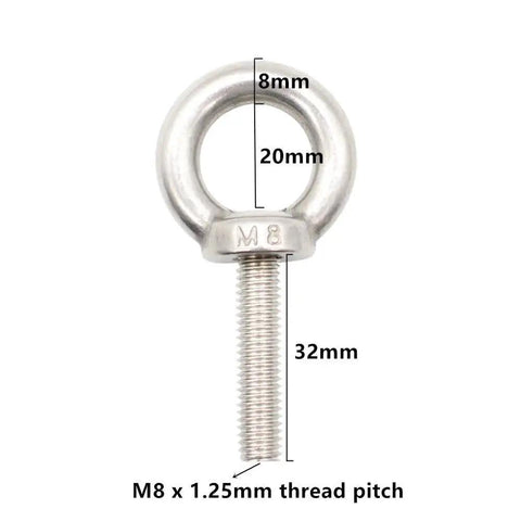 Stainless Steel M8 Ring Eye Bolts Set 32mm Threaded Length, 20mm Ring Inner Diameter, 8mm Ring Thickness, labeled dimensions visible