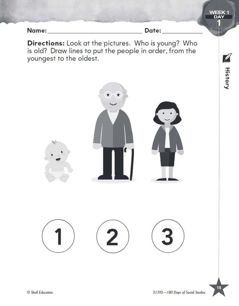 Social Studies For Kindergarten Daily Practice Workbook age order activity with images of baby, man, and woman.