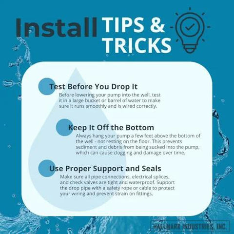 Deep well submersible pump installation tips infographic showing three steps